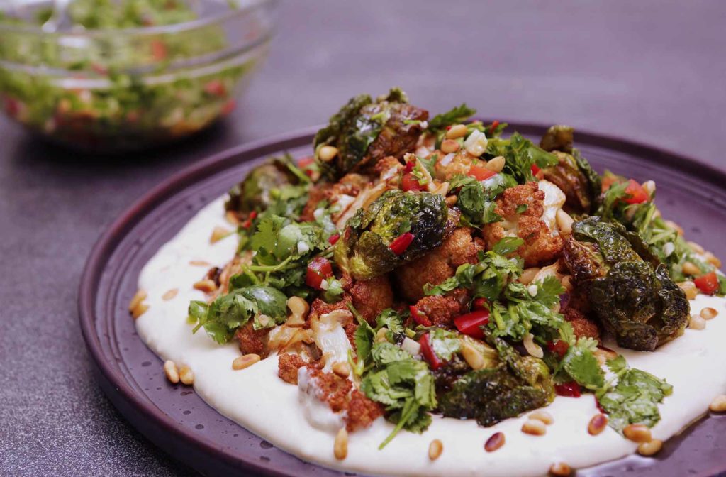 Fried Cauliflower and Brussel Sprouts Jalna Yoghurt