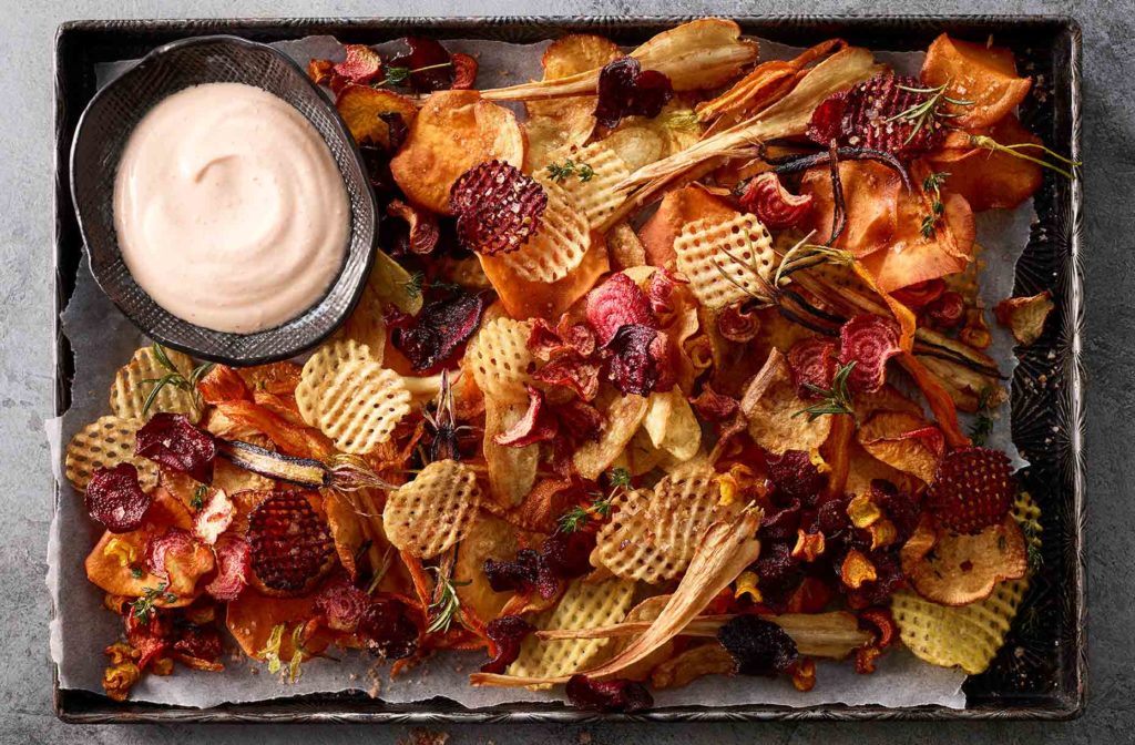 Rainbow Vegetable Chips with Harissa Yoghurt Dip Jalna Yoghurt
