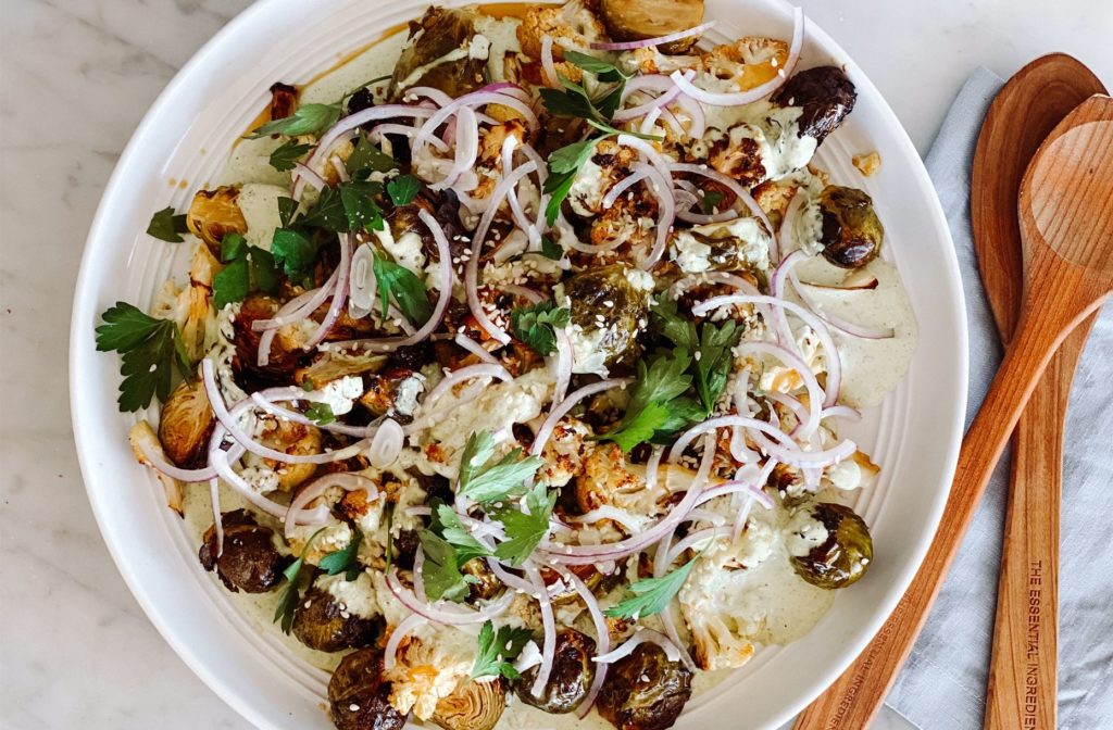 Roasted Cauliflower & Brussels Sprout Salad with Tahini Yoghurt