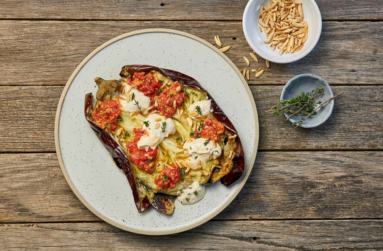 Charred Eggplant with Romesco and Tahini Yoghurt Jalna Yoghurt