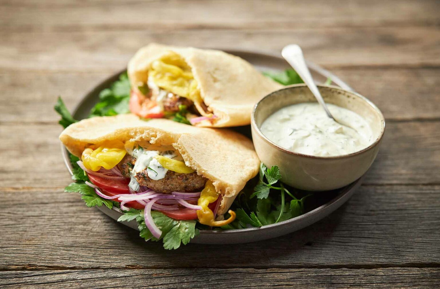 Lamb Burger with Homemade Pita and Yoghurt dressing Jalna Yoghurt