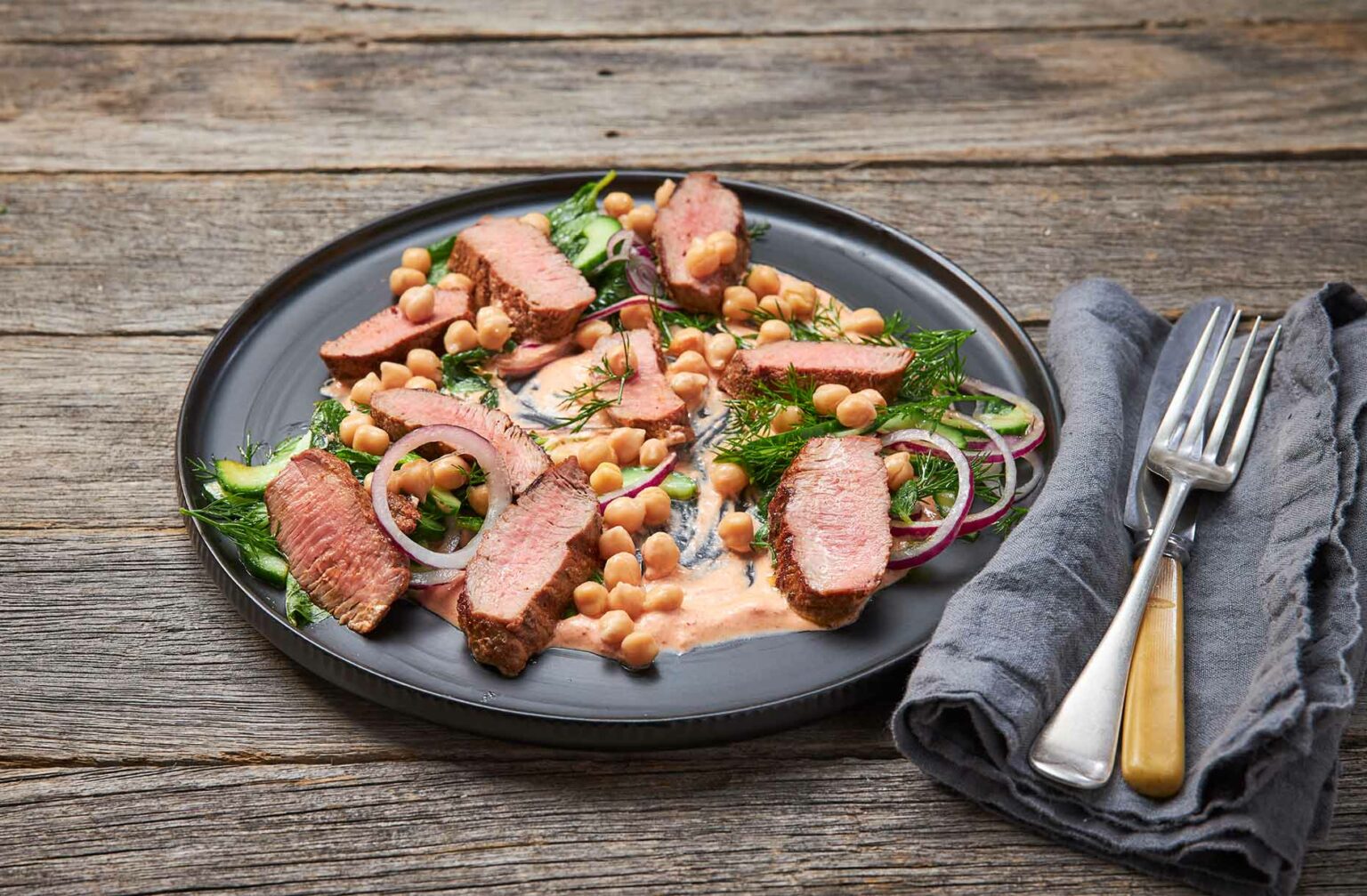 BBQ Lamb Backstrap Salad with Harissa Yoghurt Jalna Yoghurt